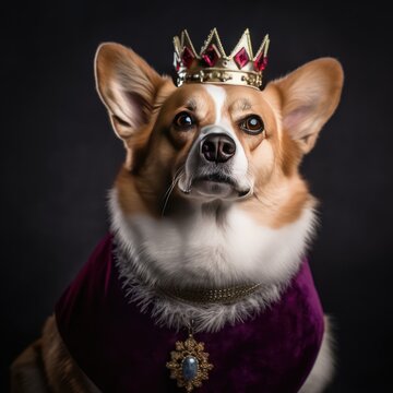 Corgi sporting a luxurious coat and a crown looking like royalty 