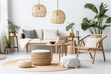 Fototapeta premium cozy living room filled with lush plants and comfortable furniture