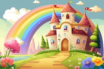 Obraz na płótnie Canvas majestic castle with a vibrant rainbow in the background. Generative AI