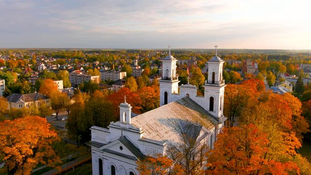 Beautiful aerial view of St. John the Baptist's Church in Birzai, Lithuania.