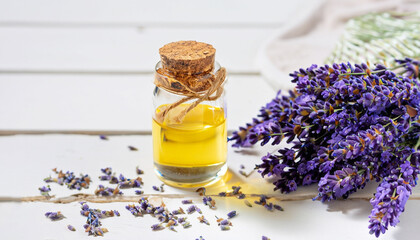 Glass bottle of Lavender essential oil with fresh lavender flowers and dried lavender seeds on white wooden rustic table, aromatherapy spa massage concept. Lavendula oleum