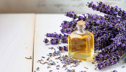 Glass bottle of Lavender essential oil with fresh lavender flowers and dried lavender seeds on white wooden rustic table, aromatherapy spa massage concept. Lavendula oleum
