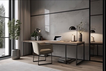 Generative AI.Contemporary Workspace. Black blank screen monitor on modern working desk. Equipment on table. A minimalist and modern desk setup with a laptop and plants
