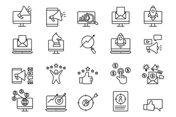 Fototapeta na wymiar Digital marketing set icon. Contains analyst icons, email marketing, seo, marketing strategy, social marketing, feed back and others. Line icon style design. Simple vector design editable