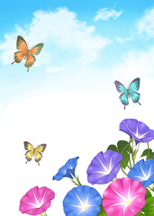 朝顔と蝶と青空の背景　夏の風景　暑中お見舞い　暑中見舞い