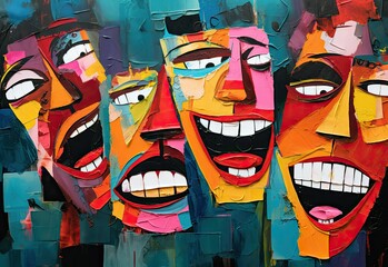 Group of people smiling and laughing , abstract torn paper art illustration