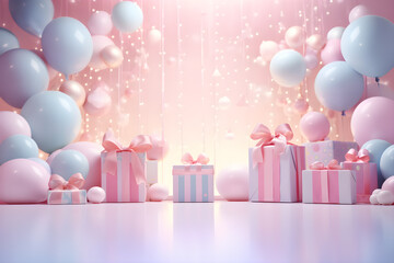 Cute gift box, balloon pink pastel stage display glitter, confetti shining girly cute celebrate sweet bokeh backdrop. Kid colorful lovely gift birthday party, Christmas, New Year. Generative Ai.