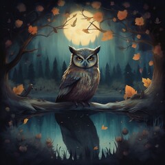 Illustrate a nocturnal forest setting with an owl perched on a branch overlooking a serene pond