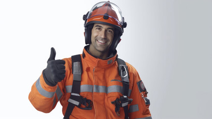 Naklejka premium A good looking firefighter dressed in a traditional orange firefighter uniform suit showing two thumbs up