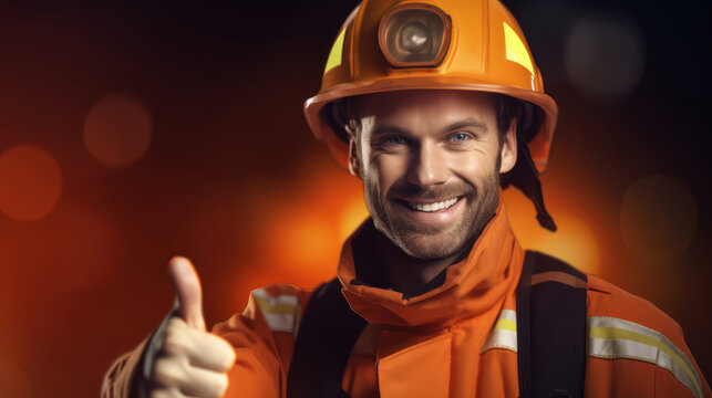 A good looking firefighter dressed in a traditional orange firefighter uniform suit showing two thumbs up