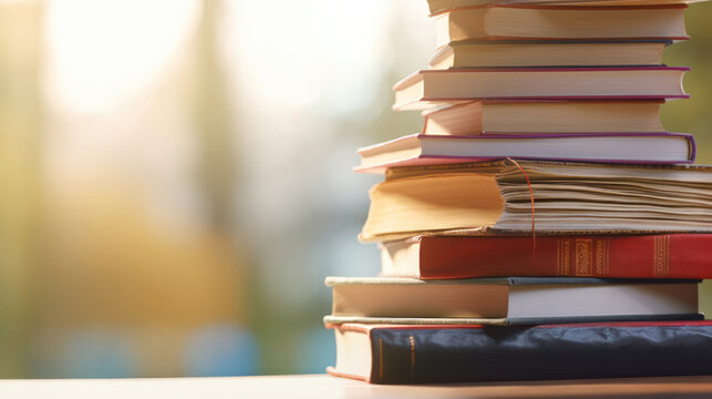 Close up of books stacked, blur background, copy space