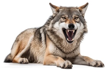 wolf resting with its mouth open in a forest. Generative AI