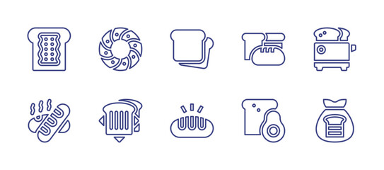 Toast line icon set. Editable stroke. Vector illustration. Containing bread, simit, toaster, sandwich, toast.
