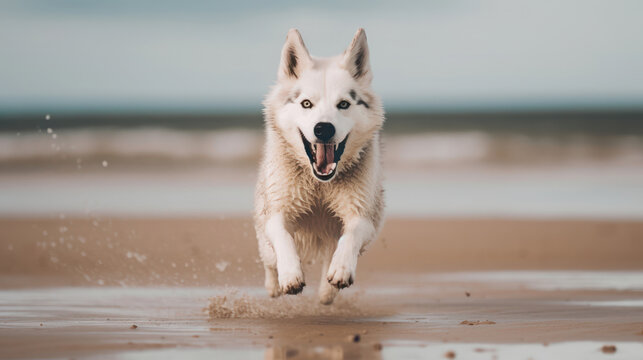 Close up photo of a Husky dog jumping to the beach 