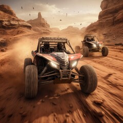 Obraz na płótnie Canvas Racing virtual reality offroad vehicles navigating challenging terrains and conquering obstacles 