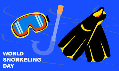 snorkel - diving goggles, snorkel tube - hose and diving or swimming fins and bold text to commemorate World Snorkeling Day
