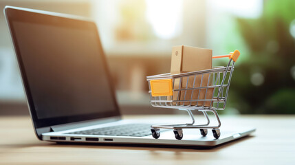 Model shopping cart and laptop keyboard on wood table in office. Morning sunlight
