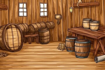 Fototapeta na wymiar rustic wooden room with barrels and a table. Generative AI
