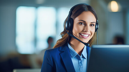 Confident businesswoman in a sleek headset sits at her workstation, ready to assist customers with a friendly smile. 