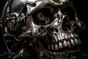 Fototapeta na wymiar Steampunk skull adorned with metallic gears and machinery