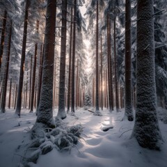 Snowy forest with tall evergreen trees 