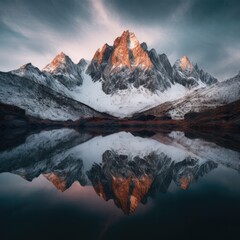 Snowy mountain peaks reflecting in a mirrorlike lake 