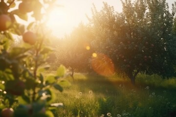 Fototapeta premium Illustration of an idyllic apple orchard with sunlight filtering through the branches
