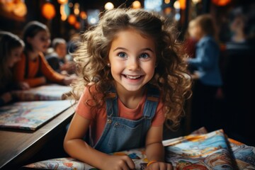 Obraz premium Excited little girl learning to draw with crayons in art class