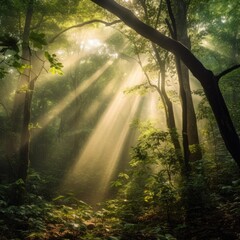 Sunbeams breaking through a dense forest canopy 