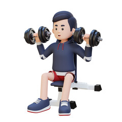 Fototapeta na wymiar 3D Sportsman Character Sculpting Strong Shoulders with Dumbbell Shoulder Bench Press
