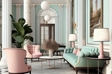 Pastel Hotel Lobby And Sofa And Chairs Generative AI