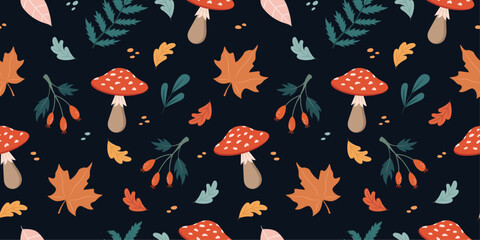 Seamless autumn cozy pattern with leaves, mushrooms, plants on a dark background. Vector illustration © Myurenn