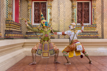 a gripping Khon drama scene from the Ramayana, featuring an intense battle between Ravana and...