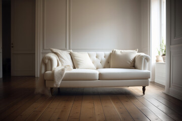 White Couch On Wooden Floor, Generative AI 