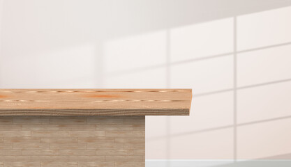 Empty minimal natural wooden table counter podium, beautiful wood grain in sunlight, shadow on white wall for luxury cosmetic, skincare, beauty treatment, decoration product display background 3D