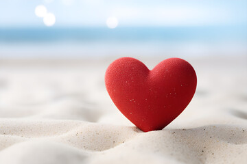 Close up of red heart on white sand background. nature white beach bokeh background Sea water and sky. Couples traveling and dating in Valentine's Day Festival, Honeymoon. copy space. Generative Ai.