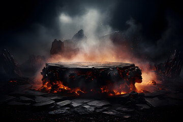 Stone podium. lava erupts rocks smelt, volcano hot magma rock ground, burning coals on sky night black and dark background with fume, dust. Display product advertising in underworld. Generative Ai. - obrazy, fototapety, plakaty
