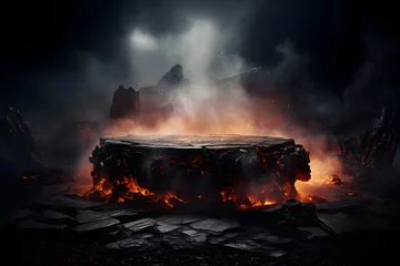 Fotobehang Stone podium. lava erupts rocks smelt, volcano hot magma rock ground, burning coals on sky night black and dark background with fume, dust. Display product advertising in underworld. Generative Ai. © chawalit