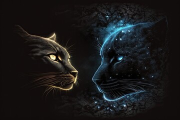 two cats in a staring contest on a black background. Generative AI