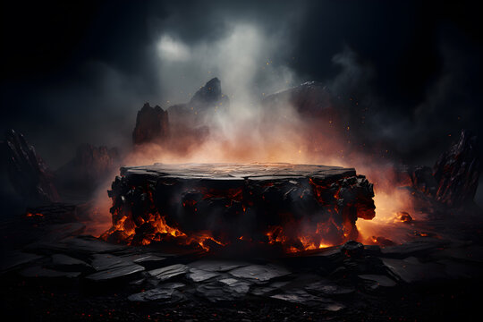 Stone podium. lava erupts rocks smelt, volcano hot magma rock ground, burning coals on sky night black and dark background with fume, dust. Display product advertising in underworld. Generative Ai.