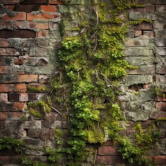 Weathered brick wall with moss and vines 