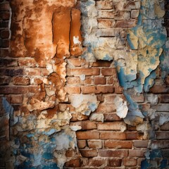 Weathered brick wall with peeling paint 