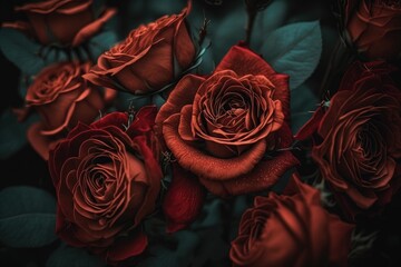 bouquet of red roses with green leaves. Generative AI