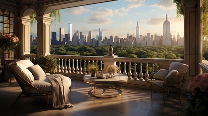A beautiful balcony overlooking Central Park in New York City, capturing the vibrant cityscape. Generative AI.