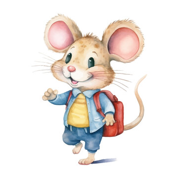 Cute mouse student cartoon in watercolor painting style