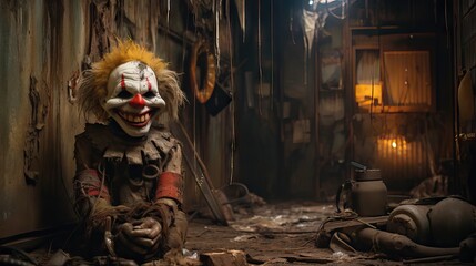 A monstrous clown figure, the stuff of nightmares, with a sinister smile and terrifying features. Generative AI.
