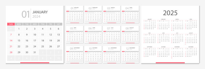 Calendar 2024, calendar 2025 week start Sunday corporate design template vector. Desk calendar 2024. - 619283533