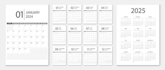 Calendar 2024, calendar 2025 week start Sunday corporate design template vector. Desk calendar 2024. - 619283535