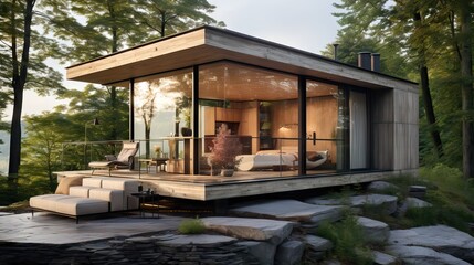 An eco-friendly, minimalist house boasting an excellent design, seamlessly blending with the surrounding environment. Generative AI.