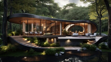 An eco-friendly, minimalist house boasting an excellent design, seamlessly blending with the surrounding environment. Generative AI.